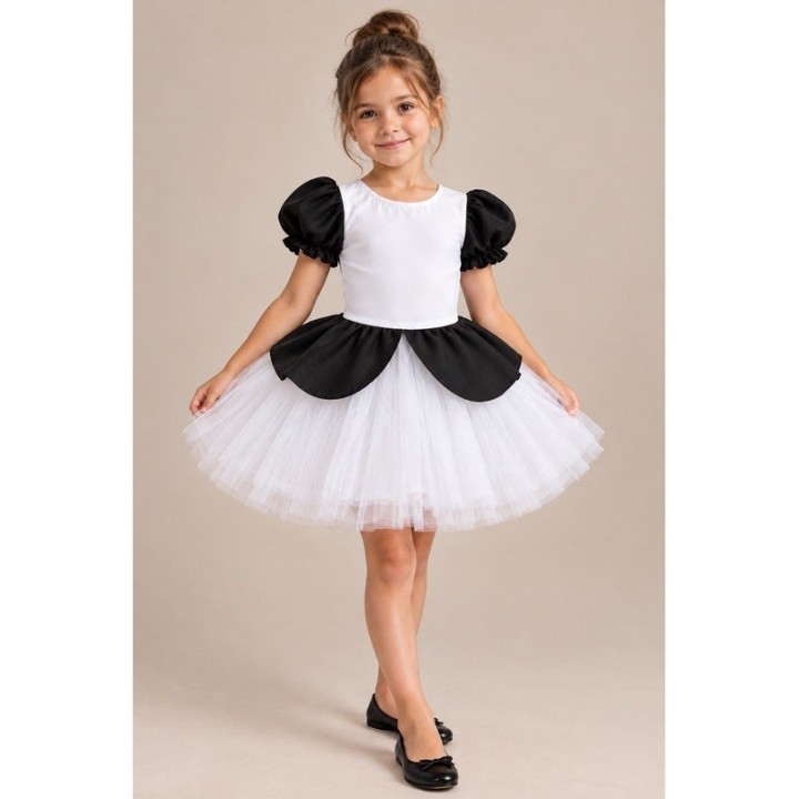 Girls' Ballet Leotard with Attached Tutu – Black & White
