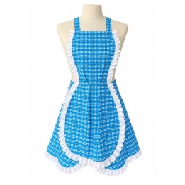Professional Retro Full Bib Apron – Blue and White Check with White Ruffles